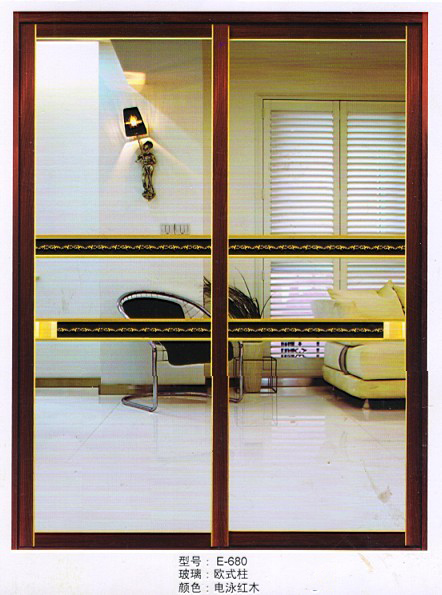 门业图片-钛镁合金吊趟门系列铝合金吊趟门E-680（欧式柱）电泳红木图片